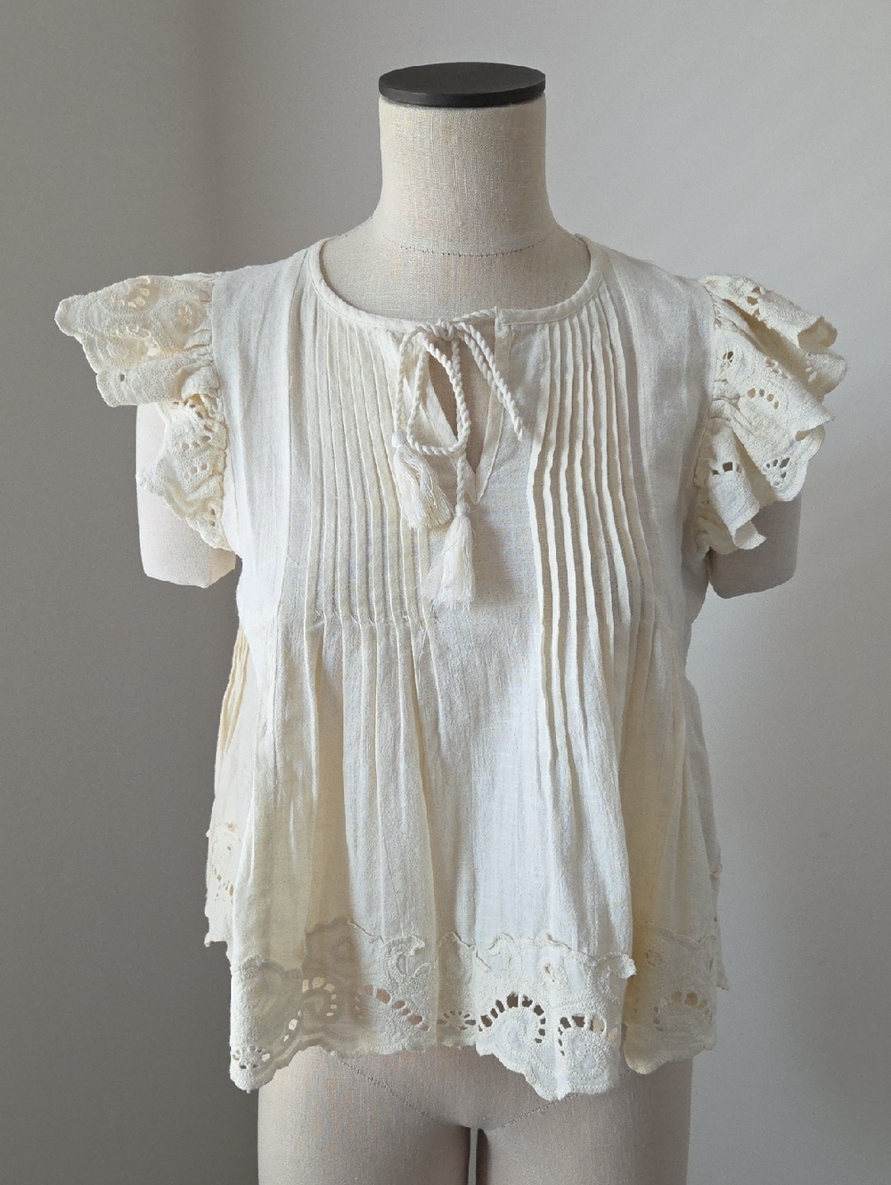 Ivory Lace-Trim Pintuck Women's Top